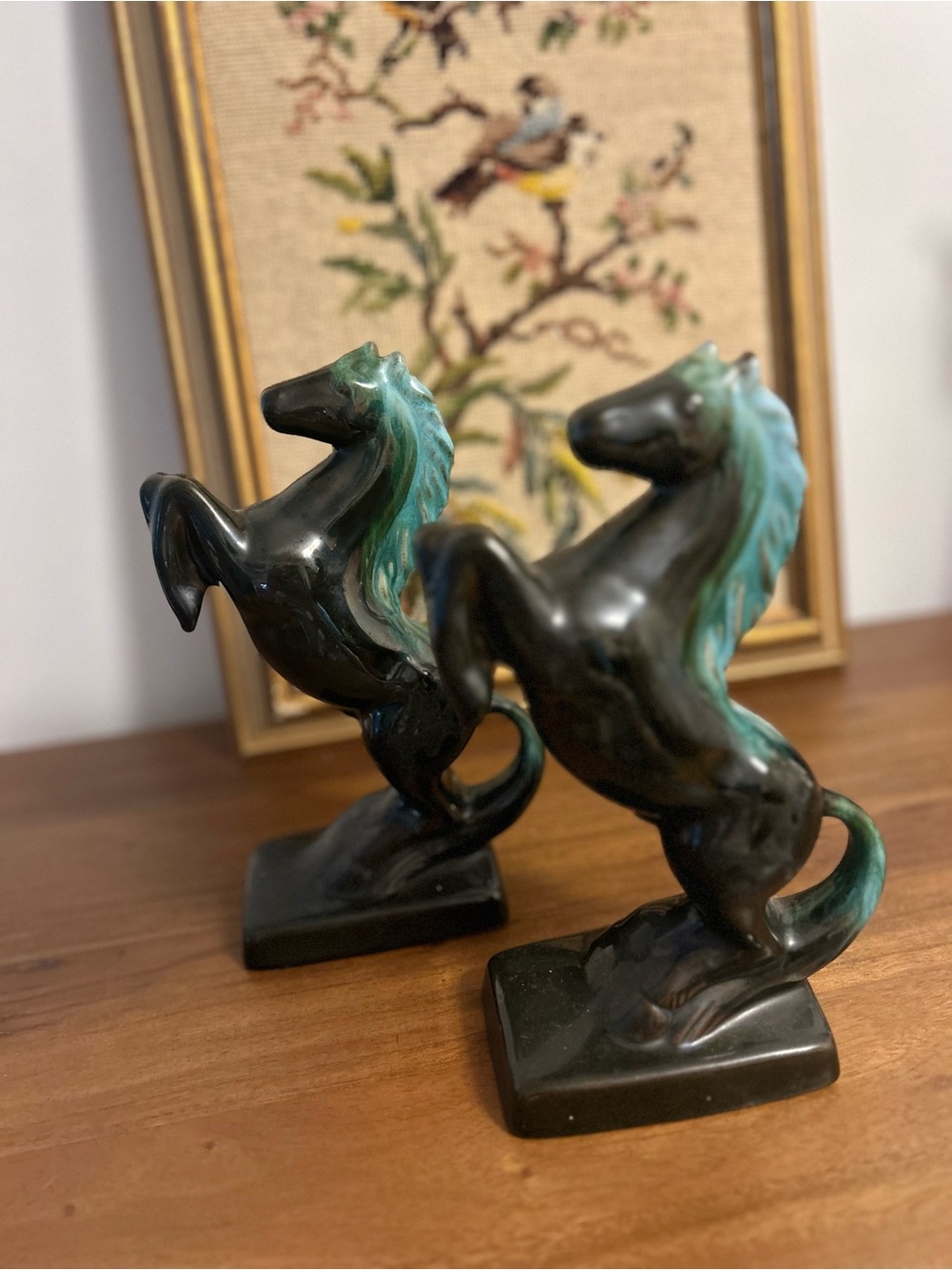 Pair of Vintage Blue Mountain Pottery Horse Figurines Bookends, Black and Teal